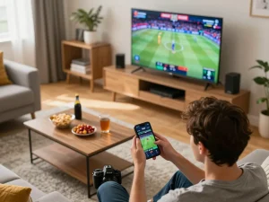 Person enjoying online sports betting on luongsontv with smartphone in lively home setting