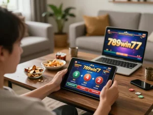 Engaged player using tablet for 789win77 online gaming with vibrant interface.