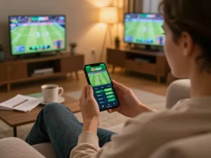 8xbet mobile user engaged in online betting from a cozy home setup, highlighting sports betting excitement.