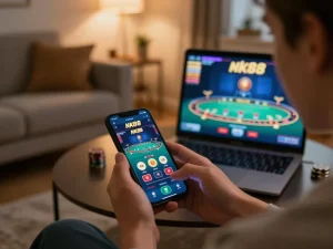 Engaging in online betting with the nk88 app on a smartphone while enjoying a cozy home atmosphere