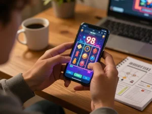 Player enjoying 98 win slots on smartphone in a cozy home, combining strategy and fun