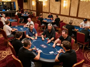 uu88 poker tournament gameplay in a vibrant casino atmosphere with players and chips.