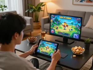 Bắn cá mb66 gaming session in a cozy living room with a user engaged in colorful gameplay