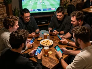 Friends engaged in king slot betting strategies on smartphones during a lively sports event.