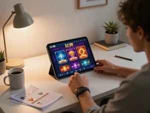 Enjoying online gaming with LC 88, a comfortable home setup featuring a tablet and strategy notes.