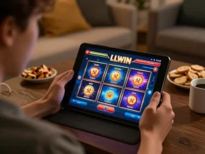 Engaging in LLWIN online gaming from a cozy home setup with vibrant slot graphics.