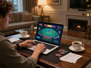 Player enjoying king33 live dealer blackjack at home, showcasing strategic betting experience.