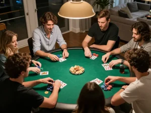 Go88 players enjoying a vibrant home poker night with friends, showcasing strategic gameplay and social interaction.