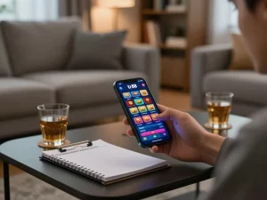 A player engaging with the app tr88 for online gambling in a cozy living room, showcasing handheld gameplay and strategic planning.