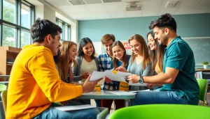 Students discussing club ideas for high school in a bright classroom setting.