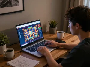 Engaging with exciting ku88 online casino slots on a modern laptop, in a cozy setting.