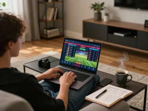 Siti non AAMS: Scommettitore coinvolto che pianifica con un bookmaker online su laptop a casa.