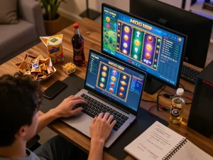 Engaging with mdg188 slot games on a laptop in a cozy home setting.