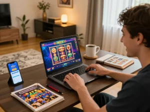 Engaging in online betting with nhà cái 388bet, a player studies strategies at home