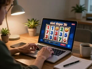Player enjoying a cozy online gaming session with slot depo 3k on laptop, surrounded by strategy notes.