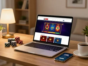 Engaging in online LV88 gaming with a laptop and poker setup for a responsible gambling experience.