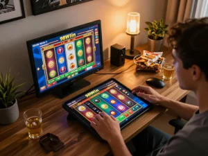 Player enjoying 98 win online slots on tablet, showcasing engagement in digital gaming.