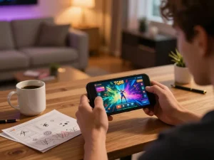 Player engaging in tg88 casino app gameplay at home, showcasing mobile gaming excitement.