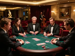 VIP poker players strategizing their bets at kkwin casino under soft golden lighting