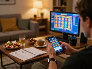 Player engaging with uu88 casino app on smartphone in a cozy home setting, showcasing responsible gaming atmosphere.