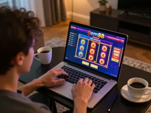 Engaging player using gem88 online casino interface at home, reflecting modern gaming atmosphere.