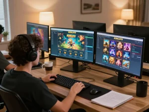 Player engaging with kdslot on multiple screens at a cozy home gaming setup, showcasing strategic gameplay
