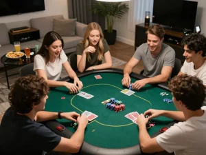 Sunwin poker strategy in action with friends sharing excitement around a card table.