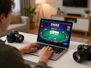 Engaged player at home using laptop for dn88 đăng nhập in dynamic online poker session