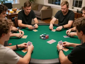 Engaged players enjoying the thrill of poker at home, showcasing the excitement of rikvip gaming nights.