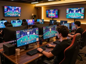 LC88 online baccarat gameplay displayed on multiple screens, highlighting immersive gaming.