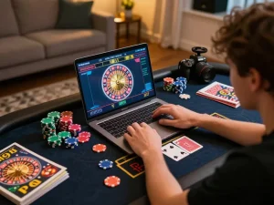 Player engaging in online gaming at 88clbgo, showcasing roulette gameplay on laptop.