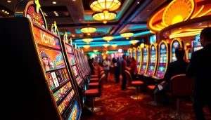 Slot77 menghadirkan mesin slot berwarna cerah dan pemain yang penuh semangat di kasino.