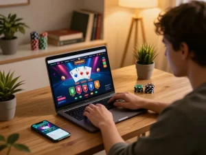 Engaging in online casino gaming at 23win from a stylish home desk setup