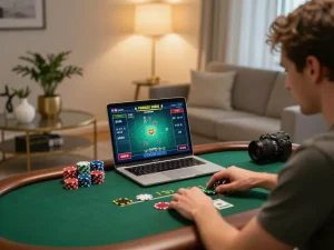Poker player's intense focus on laptop screen displaying 789 online casino game, showcasing strategic gameplay in a cozy home setting.