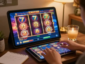 Engaged player enjoying slot gacor 777 on tablet, capturing the excitement of online gaming.