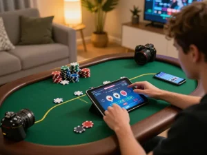 Player engaging with vipwin poker interface during a cozy home gaming session.