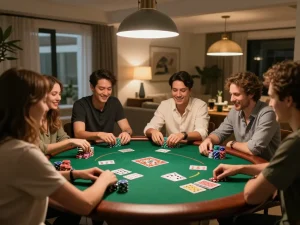 Alo8 players enjoying a fun poker night with vibrant chips and cards on a green felt table.