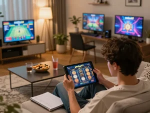 Memainkan slot aneka4d di tablet di rumah, menampilkan pengaturan permainan online yang nyaman.