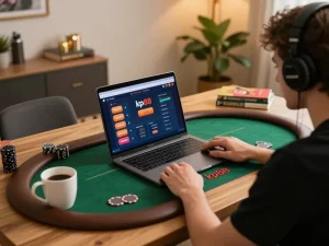 Engaging gameplay at kp88 casino shown on a stylish laptop with warm home ambiance