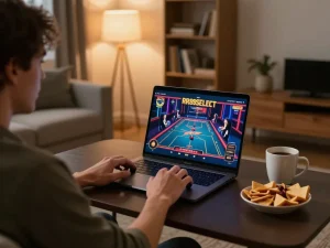 Engaging in online casino games with RR88 SELECT on laptop at a cozy home setup