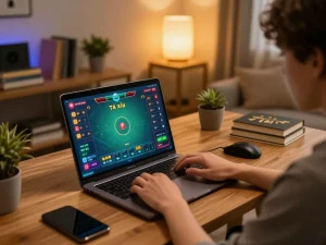 Tái xỉu online uy tín gameplay on laptop with engaging interface and cozy home setup