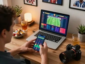 Exciting online betting with RR88 on a smartphone in a cozy home setting, showcasing a dynamic sports betting experience.