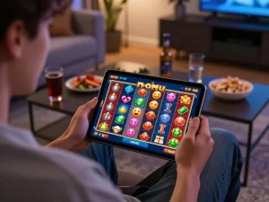 Engaged player enjoying the nohu jackpot slot game on a tablet in their cozy living room