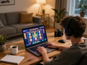 Engaging home office scene featuring link slot gacor on laptop screen for online gaming experience