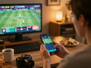 Persona che utilizza un'app mobile per scommesse sportive su siti non AAMS con aggiornamenti in tempo reale in un ambiente domestico accogliente