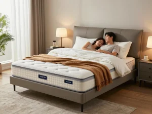 Hybrid mattress featured in a cozy bedroom, promoting comfort and restful sleep.