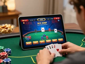 Engaging qh88go online poker session on a tablet, showcasing strategic betting in a cozy home setting.