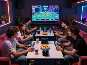 Group of friends enjoying a vibrant gaming night with Myfairplay, showcasing excitement in a modern setting.