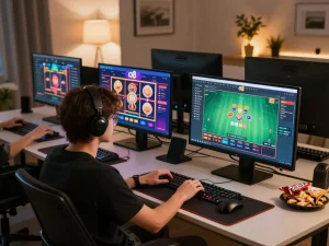 Person engaging with o8 online casino games on multiple screens in a cozy home environment.