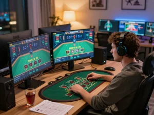Player using XX88 for engaging blackjack gameplay on multiple screens in a cozy home office